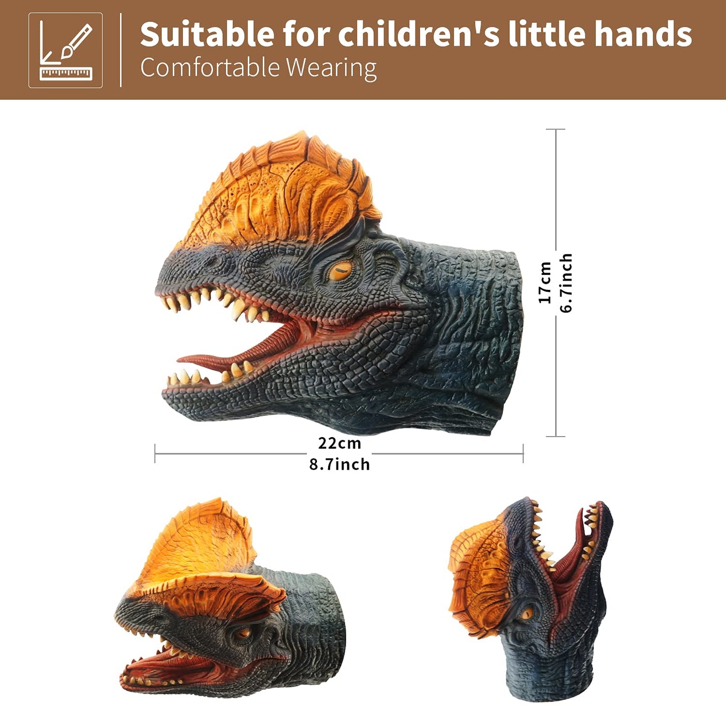 Yolococa Dinosaur Hand Puppets Realistic Latex Soft Animal Head Toys Set, Hand Puppet Toys Gift For Kids, Party Show Imaginative Play (Tyrannosaurus & Triceratops & Dilophosaurus)