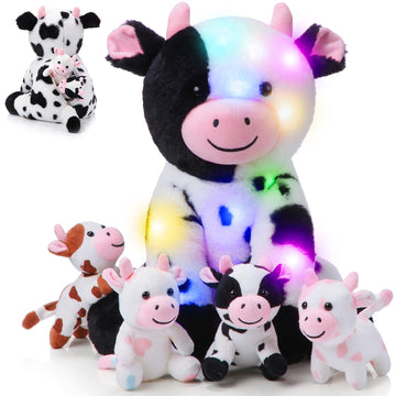 Sumind 5 Pcs Cow Plush Animals Set 13.78 Inch Mommy Cow Stuffed Animal With 4 Baby Cute Calf In Her Tummy Mommy And Small Plush For Baby Shower Boys Girls(Led)
