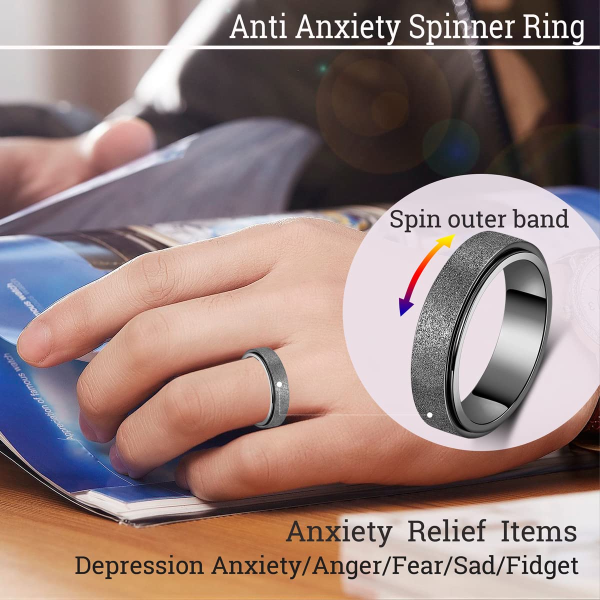 Mhwtty Fidget Toys Adults Spinner Ring Anxiety Ring For Women Fidget Rings Toys Fidget Spinner Ring Men Fidget Toys (Black, 8)