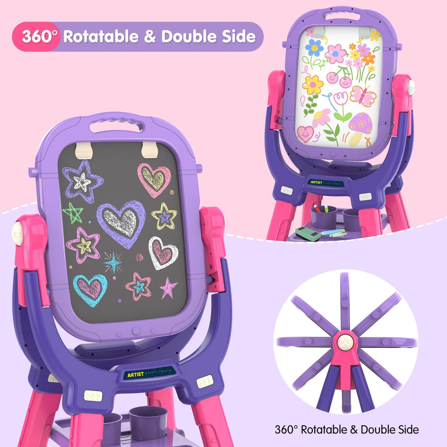 Victostar Easel for Kids, Rotatable Double Sided Adjustable Standing Art Easel with Drawing & Writing Accessories for Kids Boys