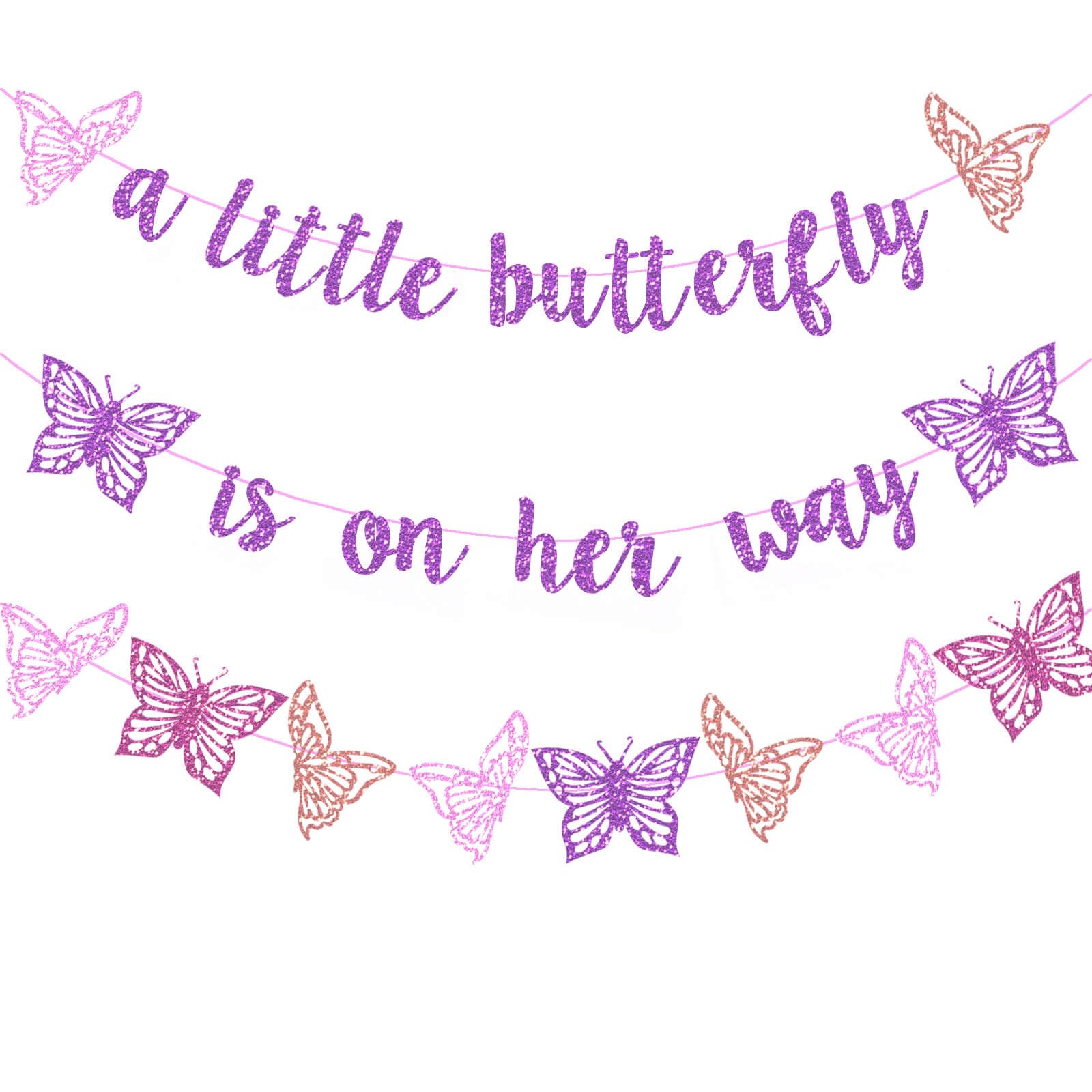 Butterfly Baby Shower Party Decor Purple Glitter A Little Butterfly Is On Her Way Party Banner for Butterfly Themed Pregnancy An