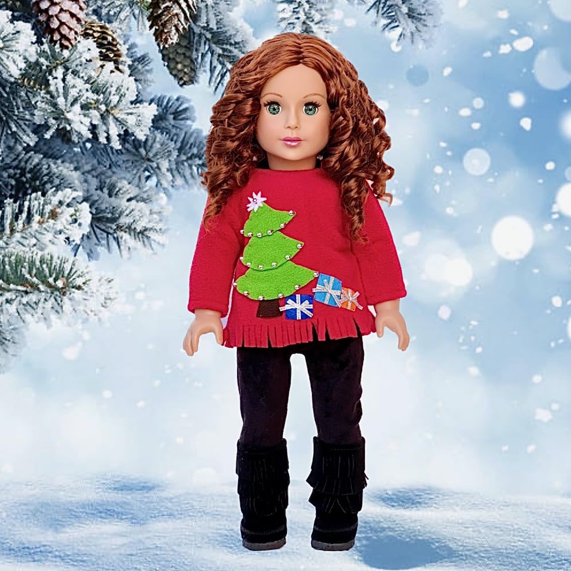Christmas Sweater - 3 Piece Outfit - Clothes Fits 18 Inch Doll - Red Sweater, Black Pants And Boots. (Doll Not Included)