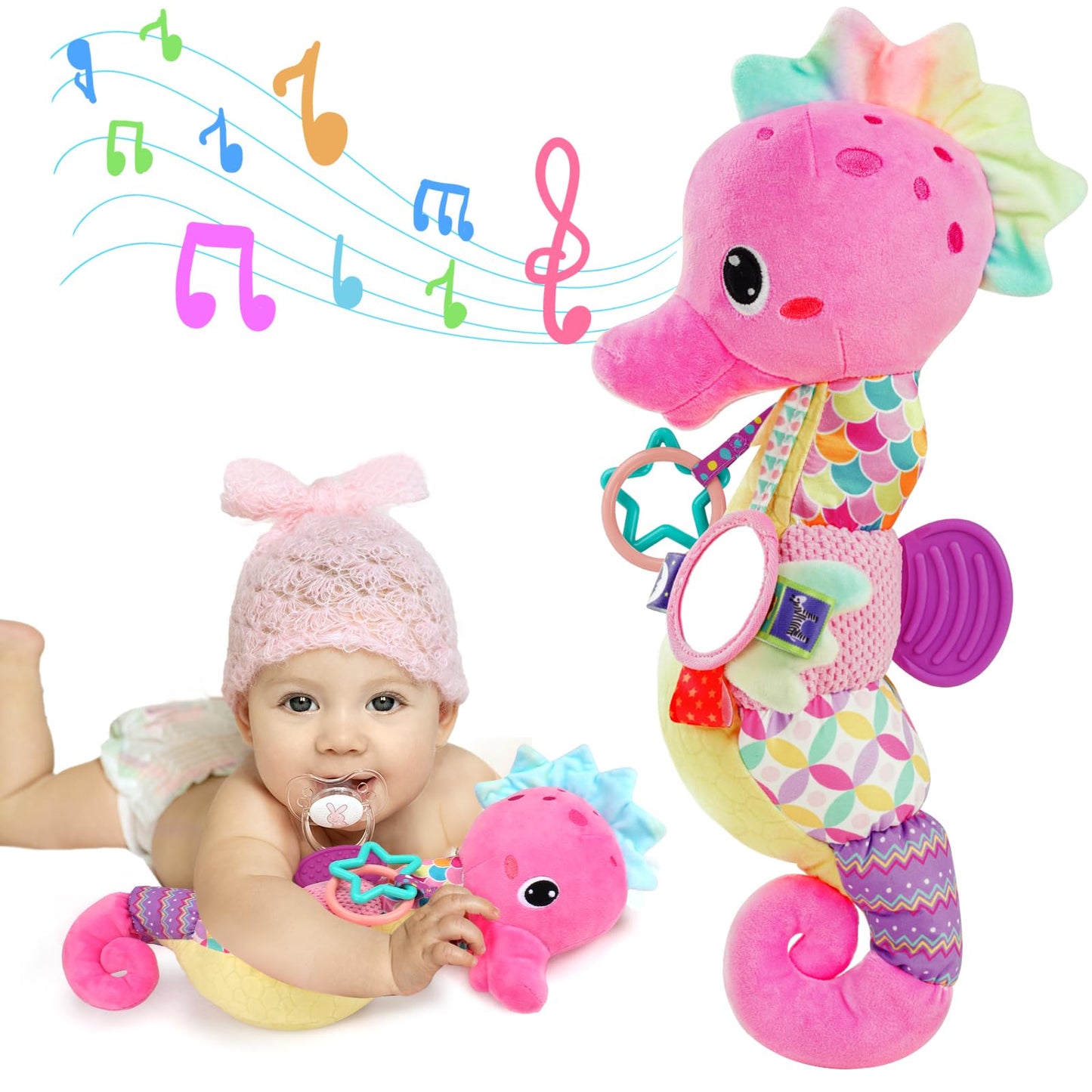 Baby Sensory Toys 0-6 3-6 Months Musical Stuffed Animal Plush Pink Seahorse For Infant 6-12 Month Tummy Time With Baby Mirror Ne