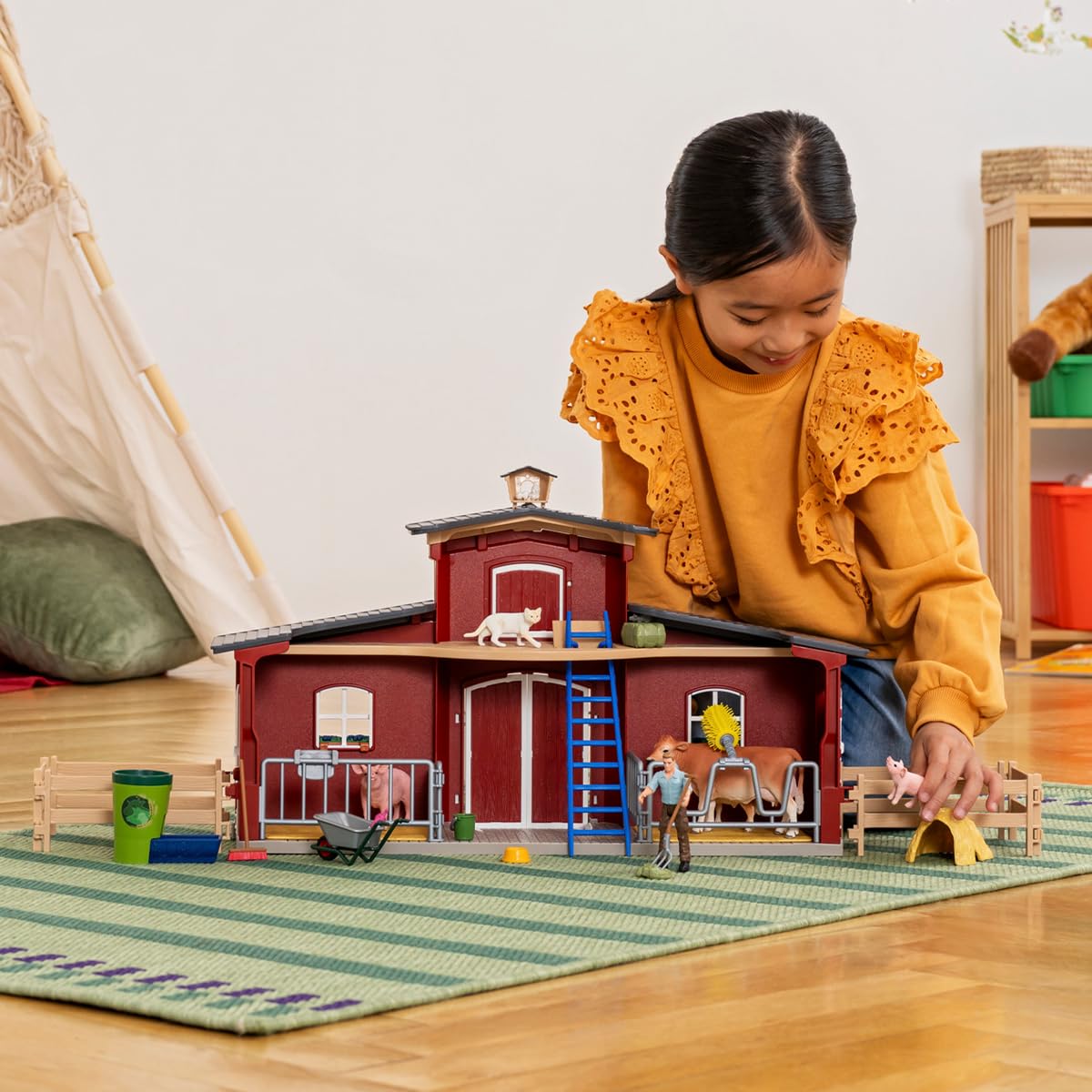 Schleich Farm World Animal Farm Playset With Figurine And Accessories - 92Pc Kids Animal Farm Playset With Cow, Horse, Pig, Bull, And Accessories For Boys And Girls, Gift For Kids Age 3+, Red