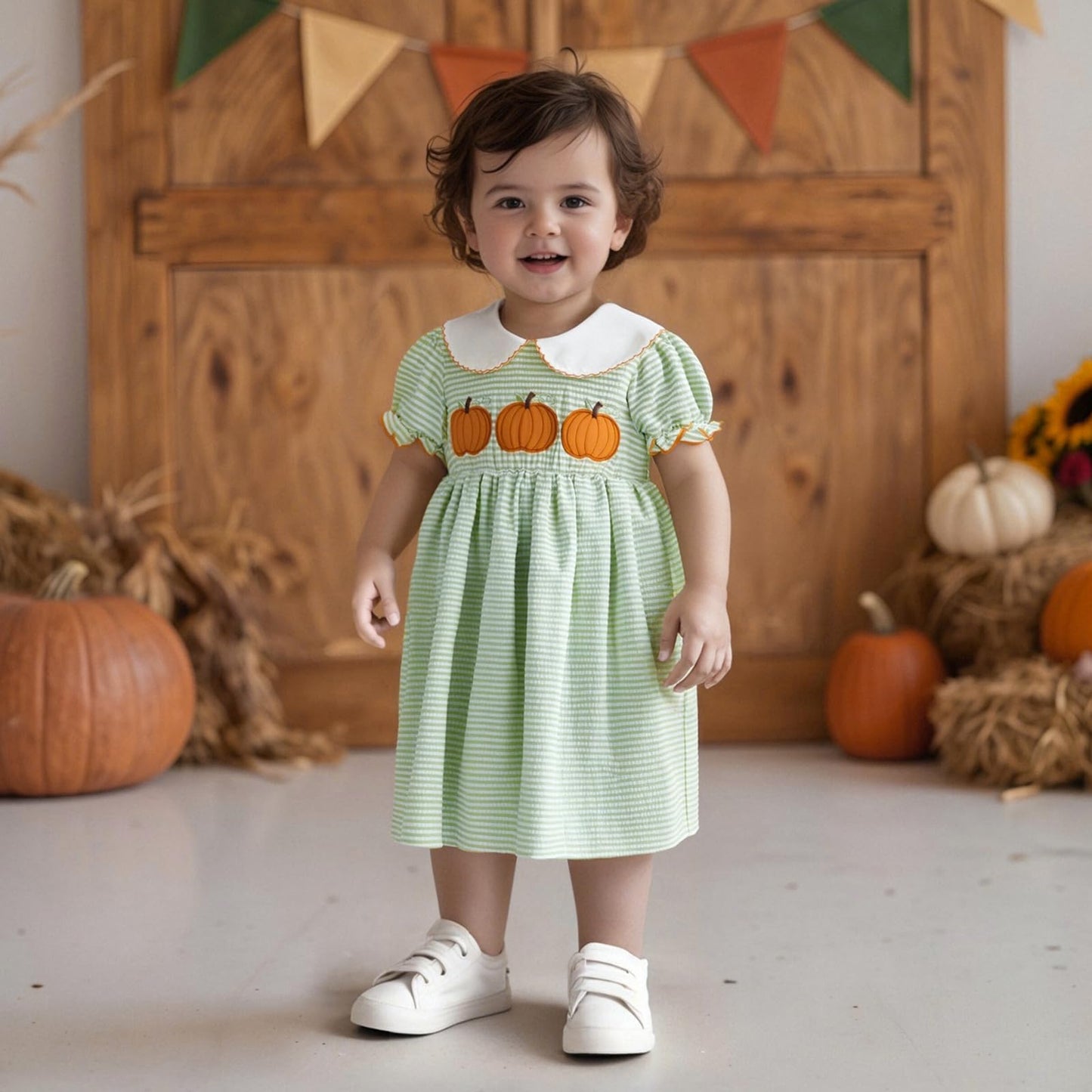 Toddler Girl Back To School Clothes Embroidery Smocked Dress Doll Collar Sundress First Day Of Pre Kindergarten Outfit (Pumpkin-