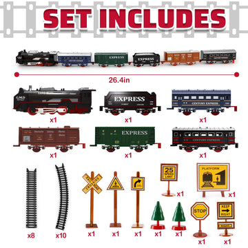 Deao Train Set With Light For Kids, Cargo Cars And Long Track For Boys & Girls Aged 3-12, Train Toys Railway Kits With Signposts & Trees, Electric Train Race Track Playset,Great For Birthday & Xmas
