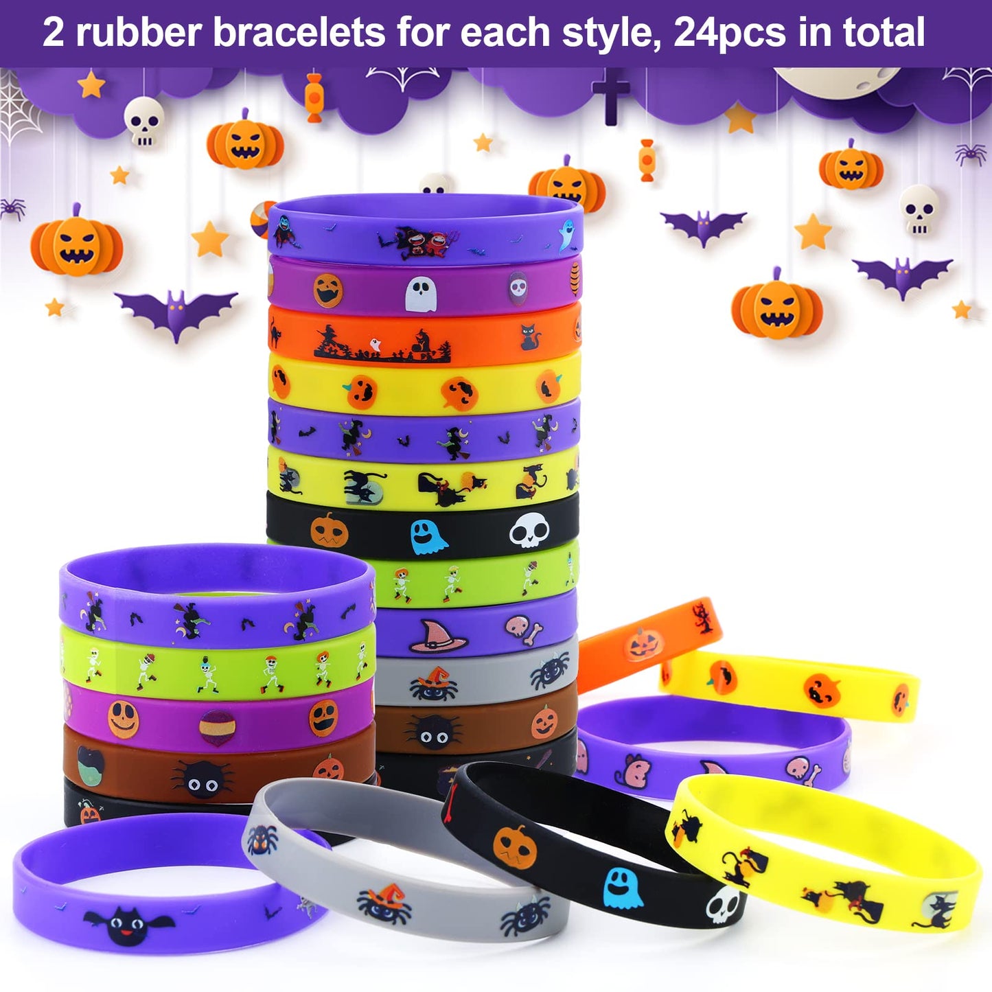 xutengy 48Pcs Halloween Party Favors Decorations Slap Bracelets Rubber Wristbands, Trick or Treat Party Favors, Classroom Prizes