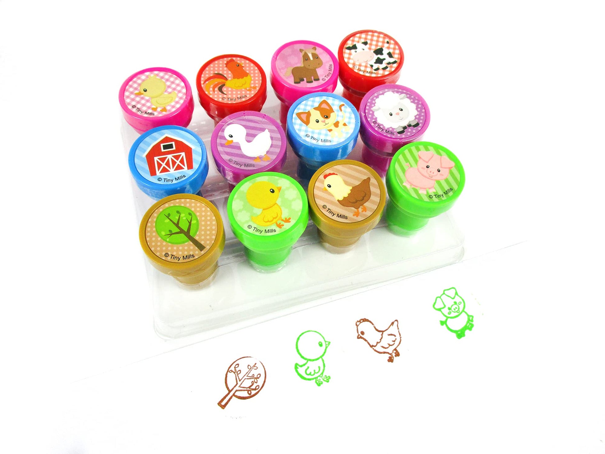 TINYMILLS 12 Pcs Farm Animals Stamp Kit for Kids - Farm Animals Barnyard Self Inking Stamps Gift Party Favors
