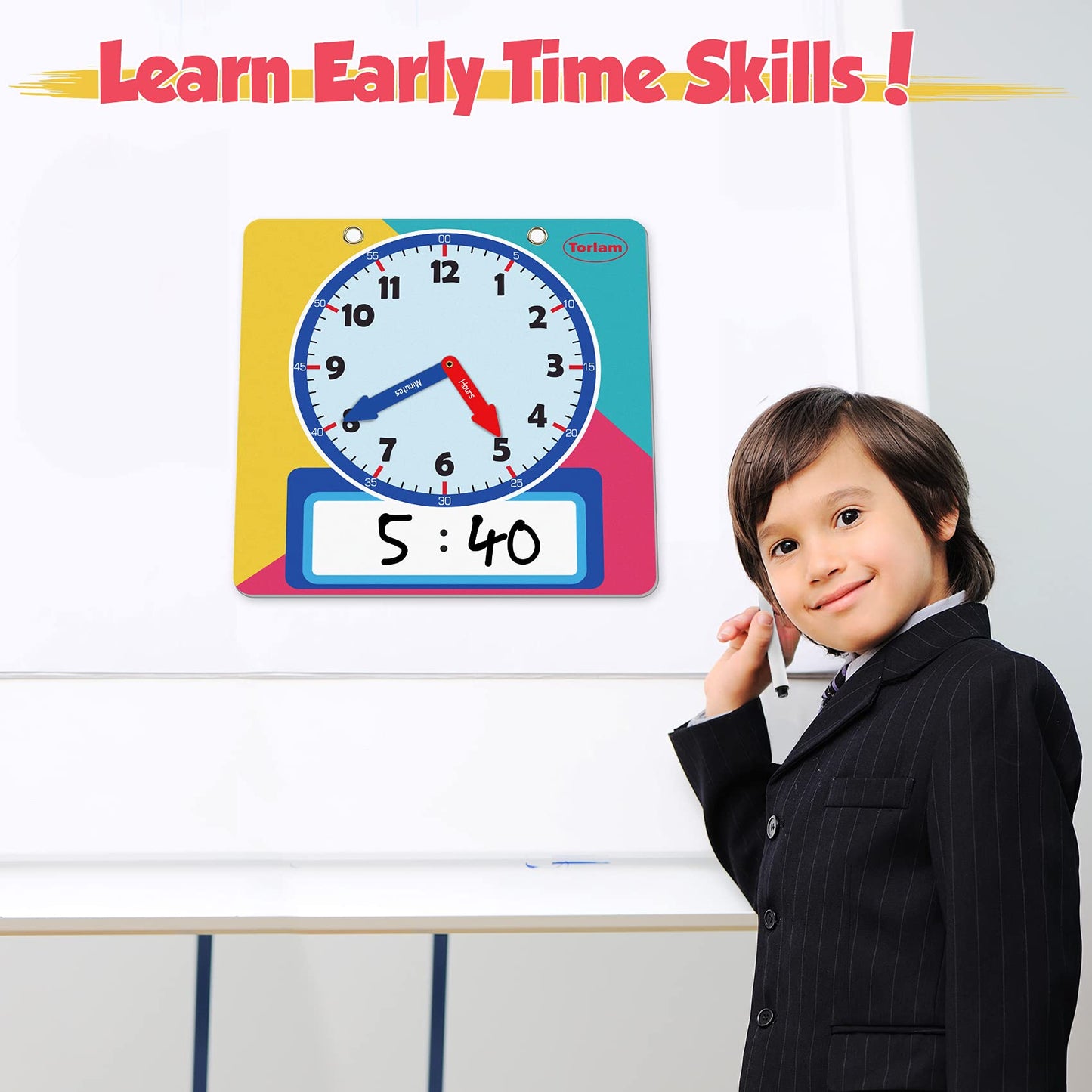 Magnetic Writable Dry Erase Learning Clock | Clock For Kids Learning To Tell Time | Large 12' Demonstration Teaching Time Practice Clock With Dry Erase Writing Surface | Pen Included | (Rainbow)