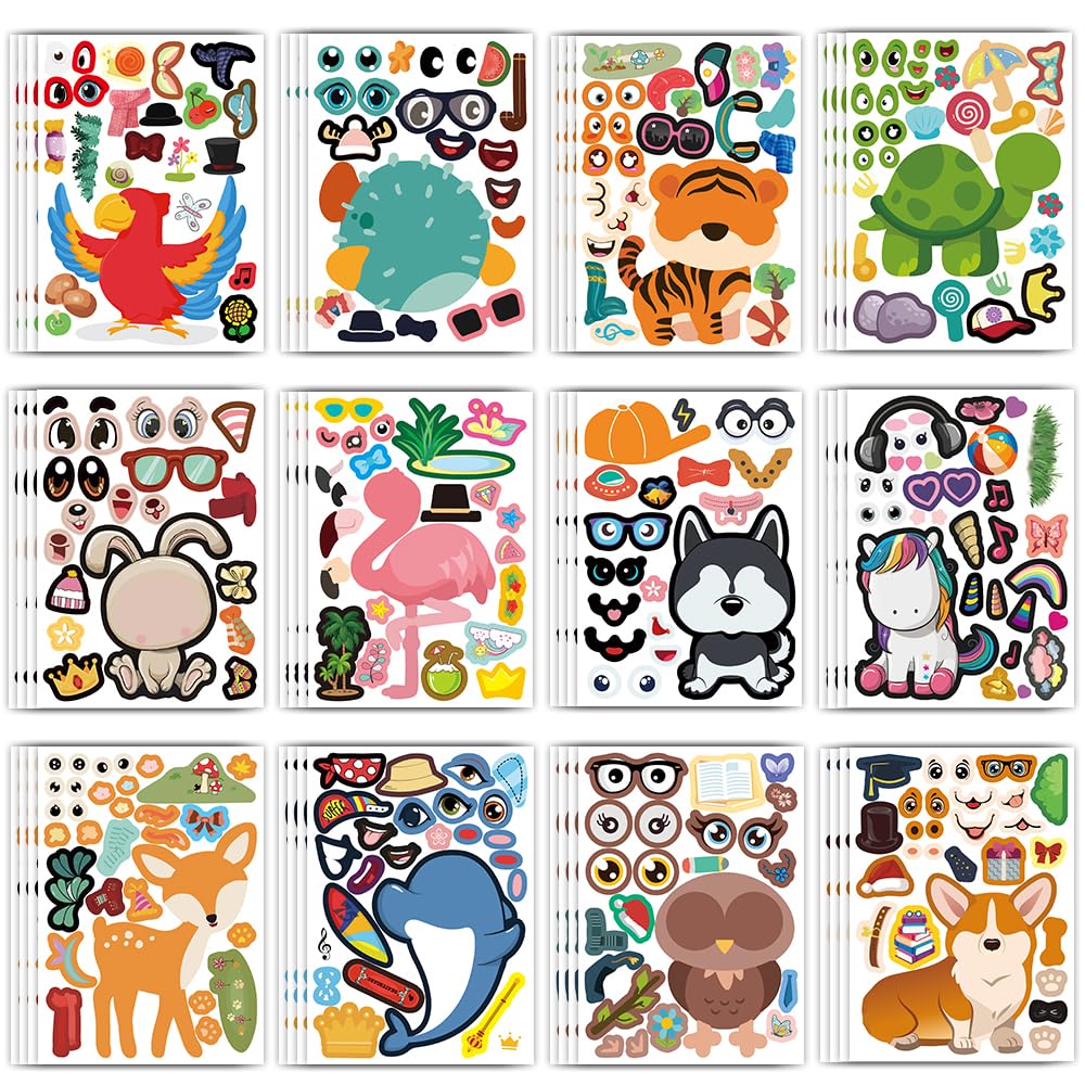 48 Pcs Funny Animal Make A Face Stickers For Toddlers Kids,Make Your Own Mix And Match Sticker Sheets Art Craft Kits,Including 2000+Repositionable Little Stickers