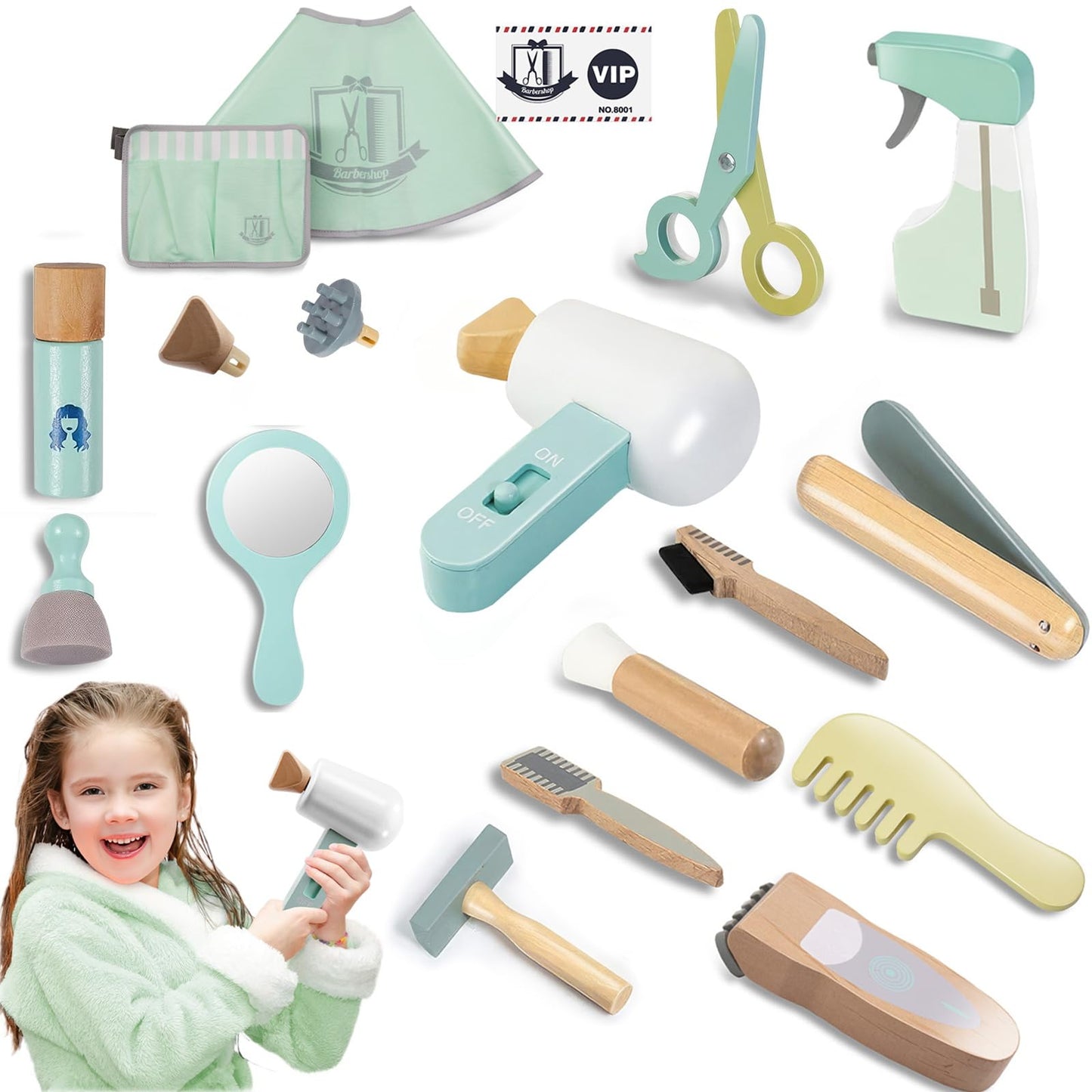 Hair Salon Playset for Kids, [2025] Pretend Play Hair Salon Wooden Toys with Hair Dryer, 2-in-1 Play Hair Styling & Role Play, 1