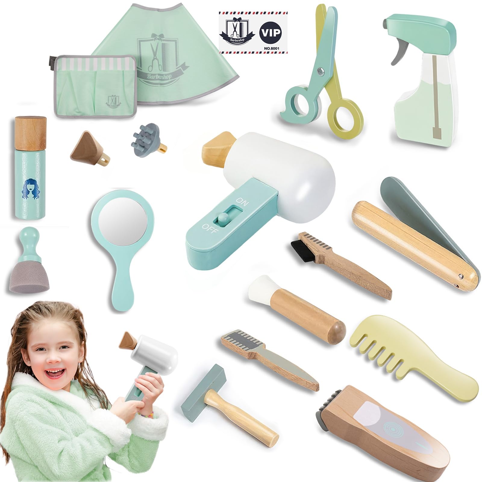 Hair Salon Playset for Kids, [2025] Pretend Play Hair Salon Wooden Toys with Hair Dryer, 2-in-1 Play Hair Styling & Role Play, 1
