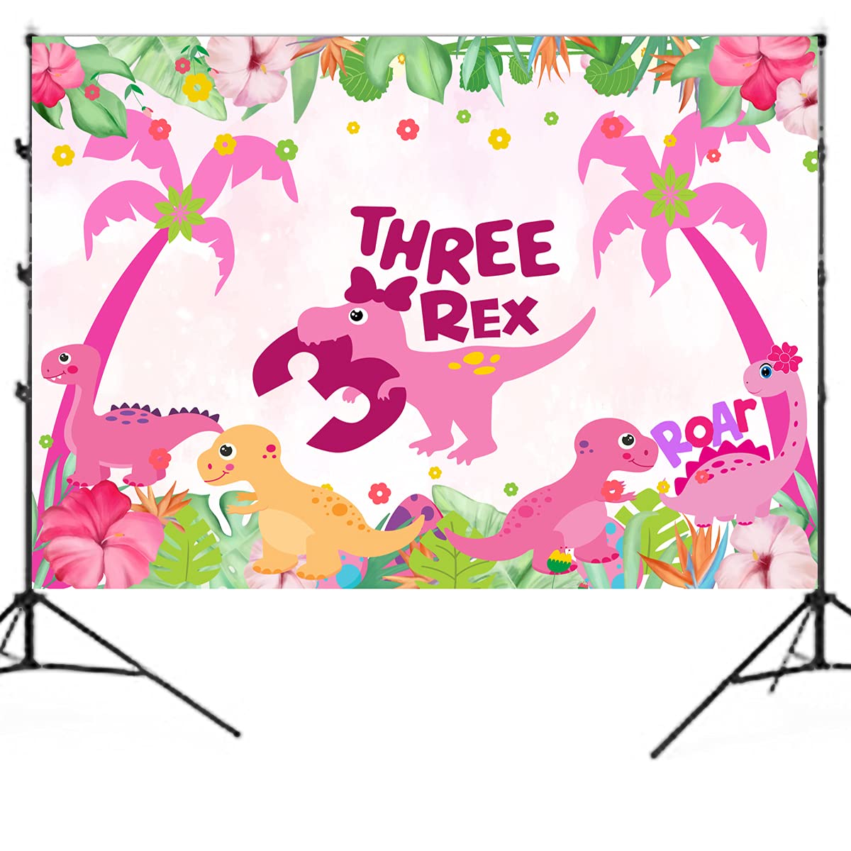 5Ft*3Ft Dinosaur Birthday Party Photo Backdrop,Three Dino-Rex Birthday Party Decorations Girl,Pink Dino 3Rd Birthday Party Decor