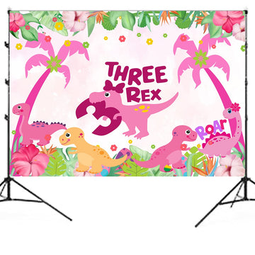 5Ft*3Ft Dinosaur Birthday Party Photo Backdrop,Three Dino-Rex Birthday Party Decorations Girl,Pink Dino 3Rd Birthday Party Decor