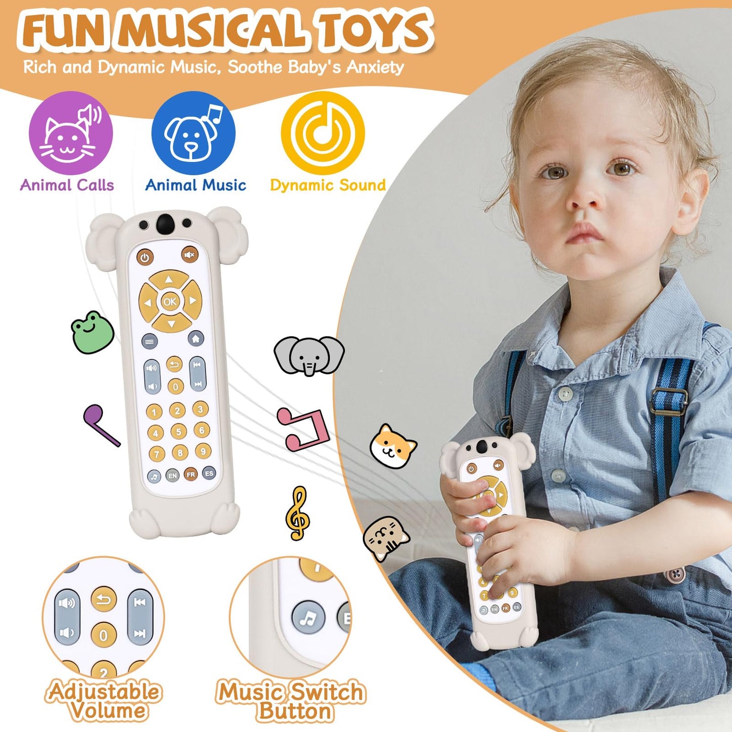 Orzbow Baby Remote Control Toy For 6 Month+ With Silicone Teether Cover, Tv Remote Toy With Realistic Light And Sound - English, French And Spanish For Infant Play Remote Musical Toys, Bpa Free, White