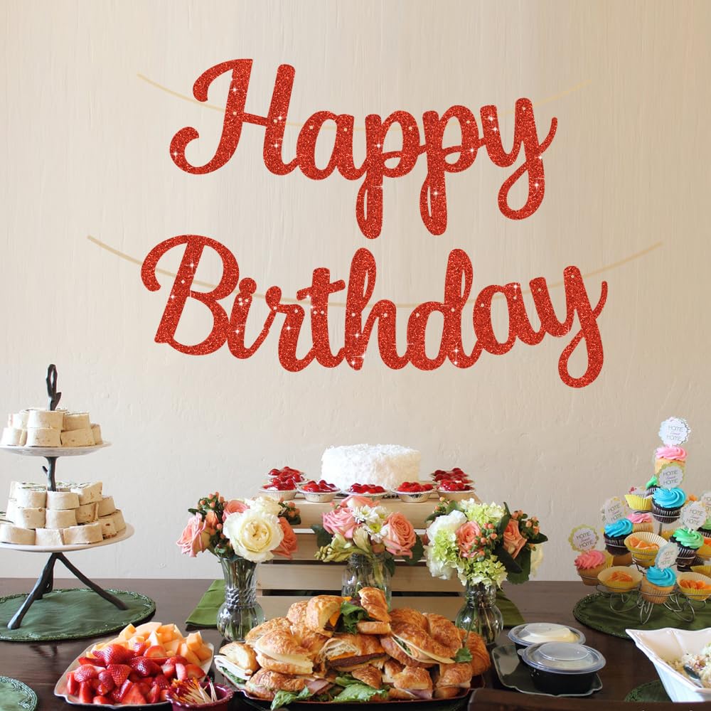 Beishida Red Happy Birthday Banner - No Diy,10Feet,Pre-Strung-Glitter Happy Birthday Sign, Happy Birthday Garland,Happy Birthday