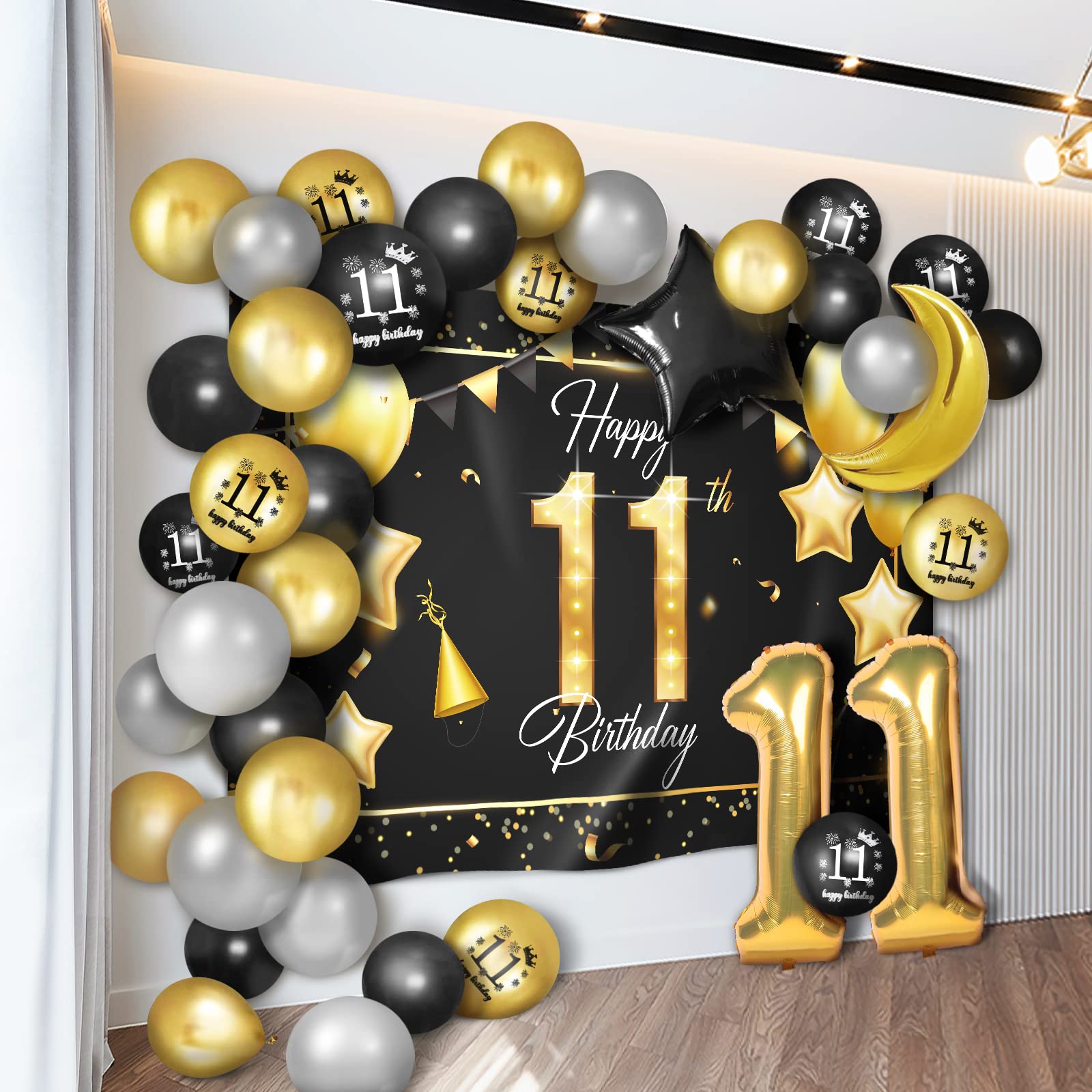 Happy 11Th Birthday Balloons Gold Set Decor - Cheers To 11 Years Old Party Theme Garland Star Moon Banner Backdrop Decorations F