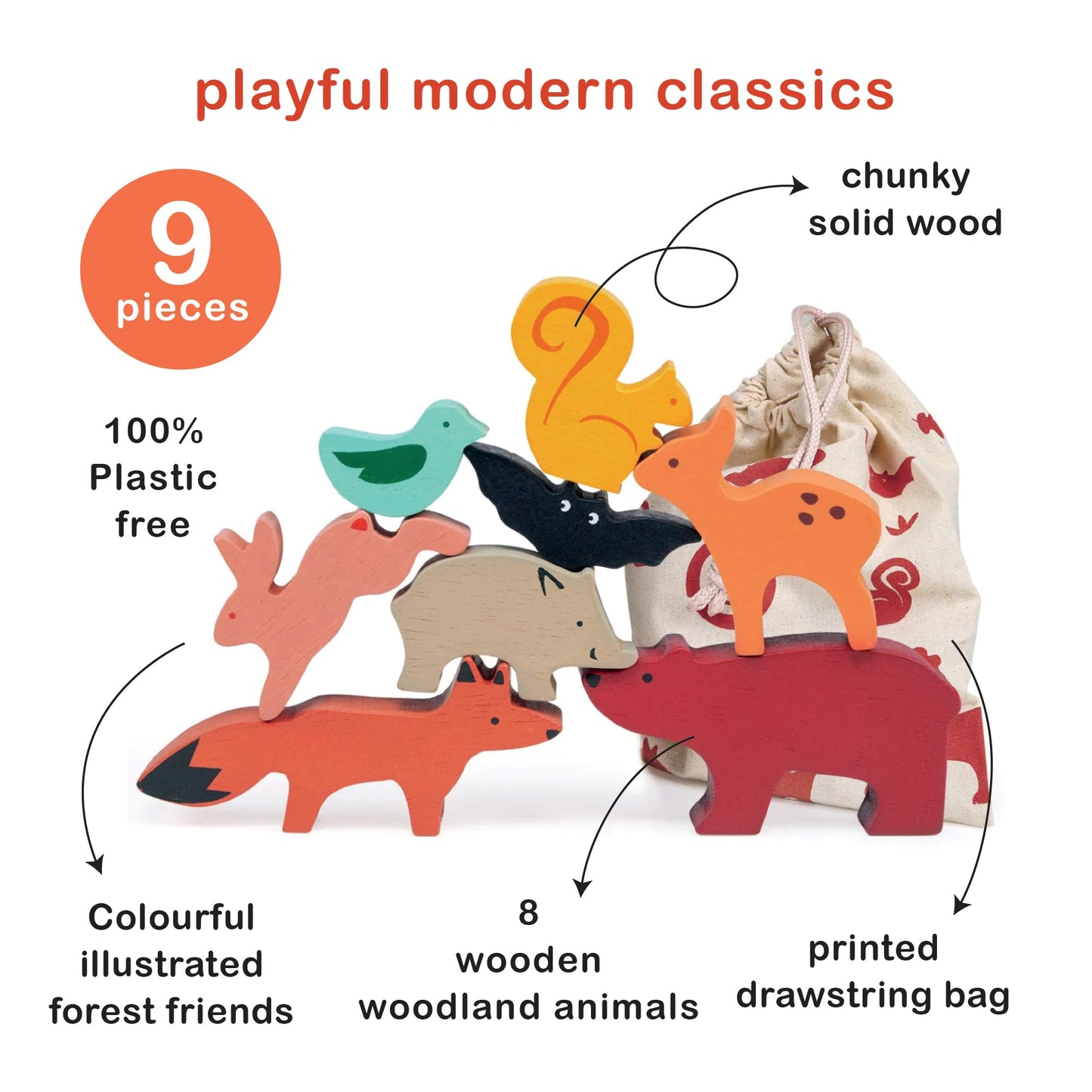 Mentari Toys - Happy Stacking Forest - 8Pc Wooden Stacking Toy For Toddlers - Colorful Nature Theme Balancing Activity Toy With