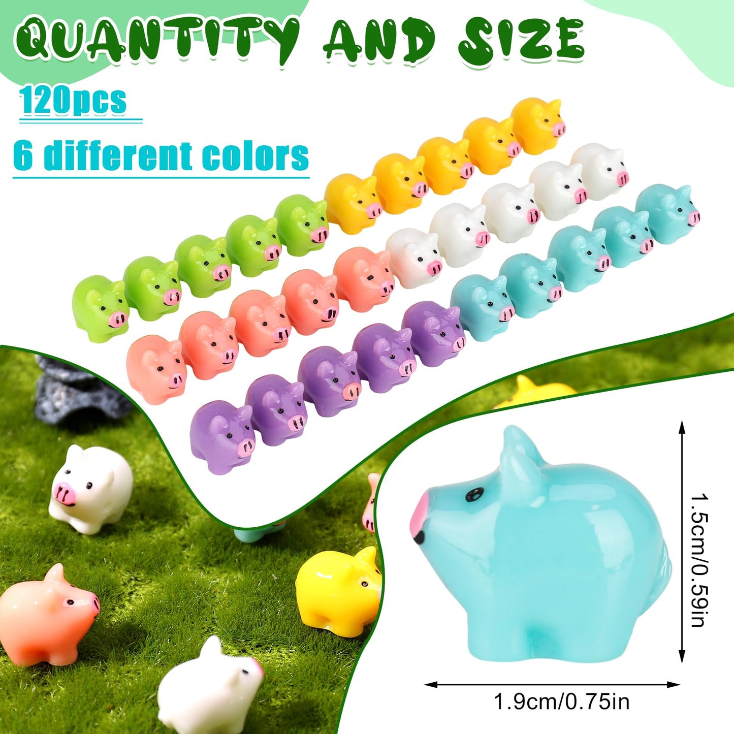 Fuyamp 120Pcs Colorful Mini Resin Pigs Tiny Pigs Miniature Ornament Pig Charms For Garden Landscape Aquarium Dollhouse Birthday