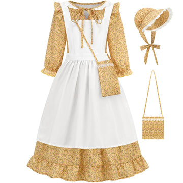 Aoiviss Pioneer Girls Dress Floral Colonial Prairie Costumes For Little Kids With Apron And Bonnet, Yellow