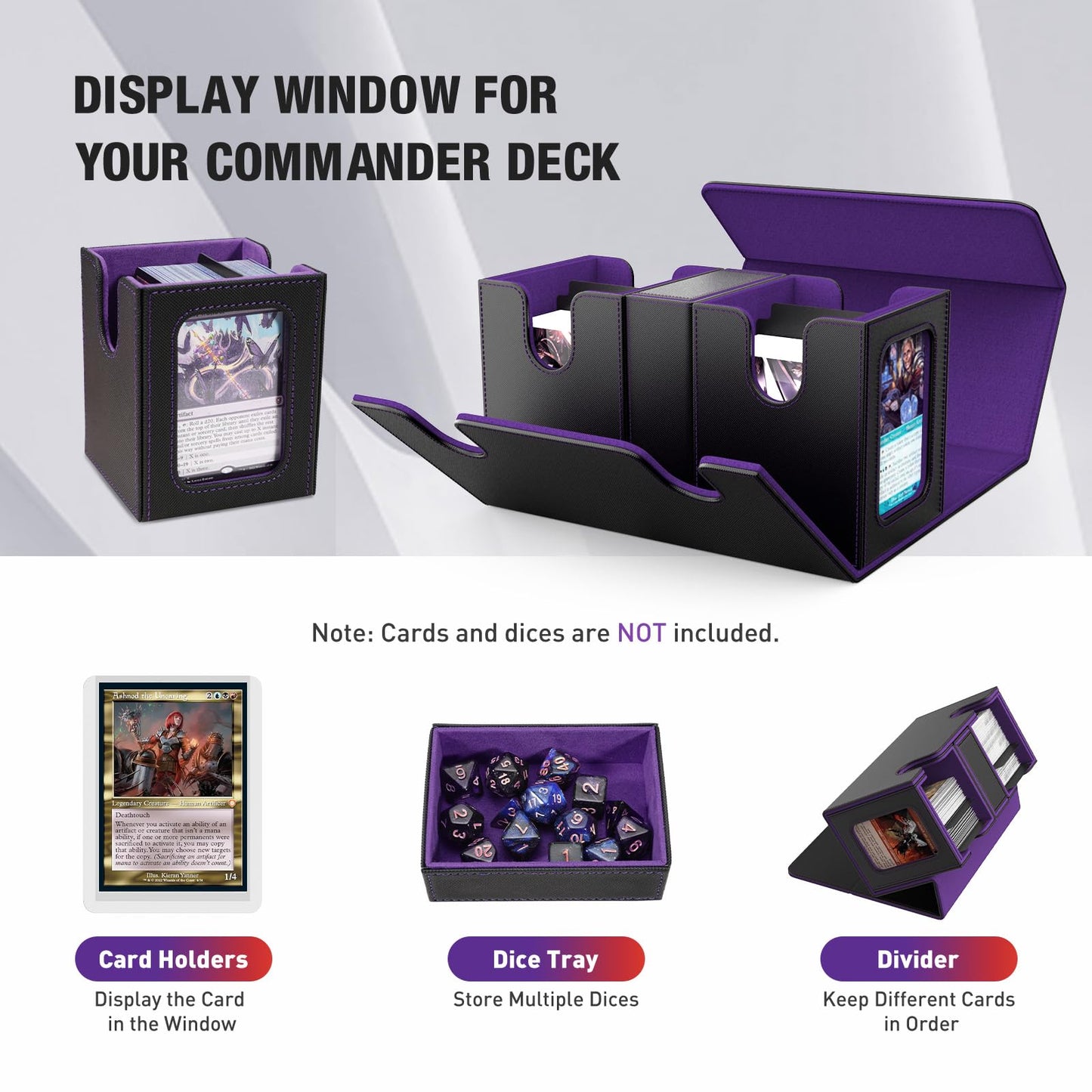 TiMOVO MTG Deck Box  Commander Deck Case Fits 200+ Double-Sleeved Cards  Magnetic Leather Card Storage Box with 2 Commander Display & 4Dividers & Dice Tray Fit YuGiOh TCG CCG Magic Cards  Black+Purple