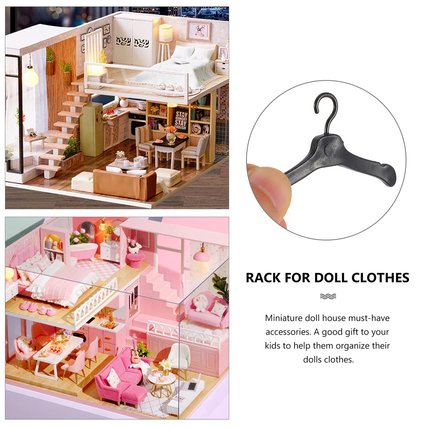50Pcs Plastic Doll Clothes Hangers Doll Outfit Hanger Miniature Clothes Hanger Dollhouse Clothes Accessories (Black)