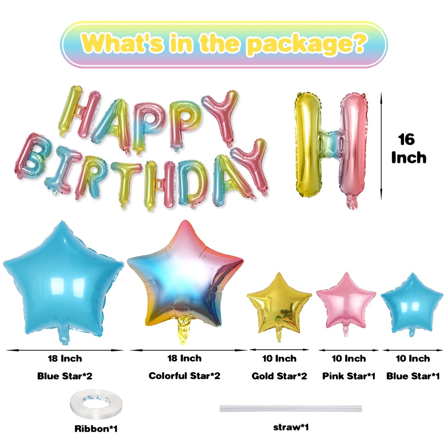 Happy Birthday Balloons Banner, Rainbow Happy Birthday Foil Balloons 16 Inch Mylar Foil Letter Balloons With 8 Pcs Gradient Blue