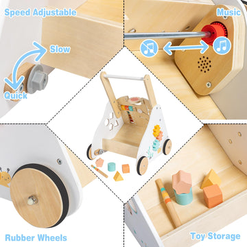 Twefex Wooden Baby Walker - Baby Push Walker With Music Box - Toddler Walker Push Toy With Adjustable Speed - Learning Activity