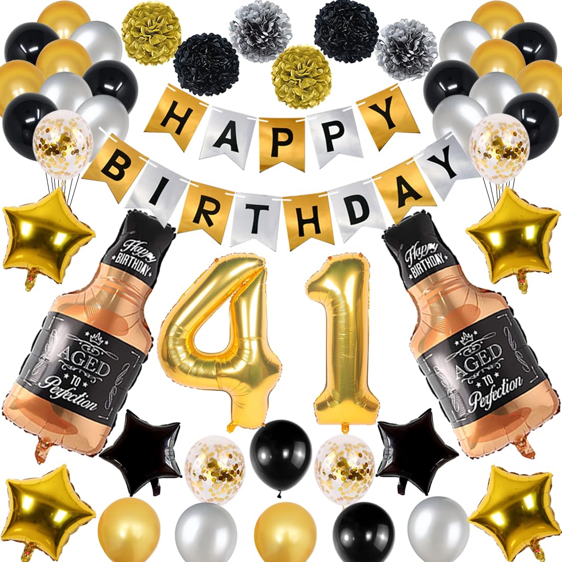 Naninuneno Birthday Decorations, Gold Silver 41St Set With Balloons, Banner, Stars For Men Women, Incl 45Pcs