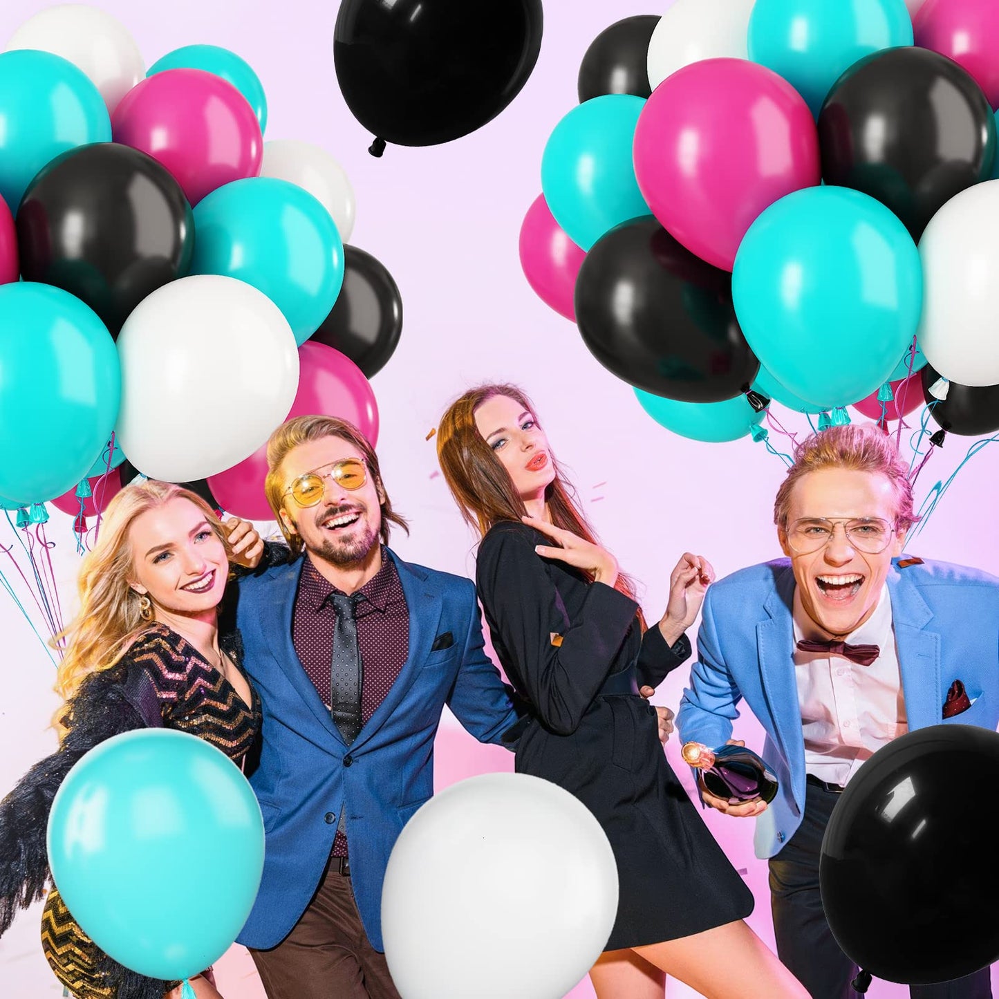 Paready Disco Music Party Balloons, 30 Pcs 12 Inch Hot Pink Black Blue And White Latex Balloons With Ribbons For 80S 90S Disco M