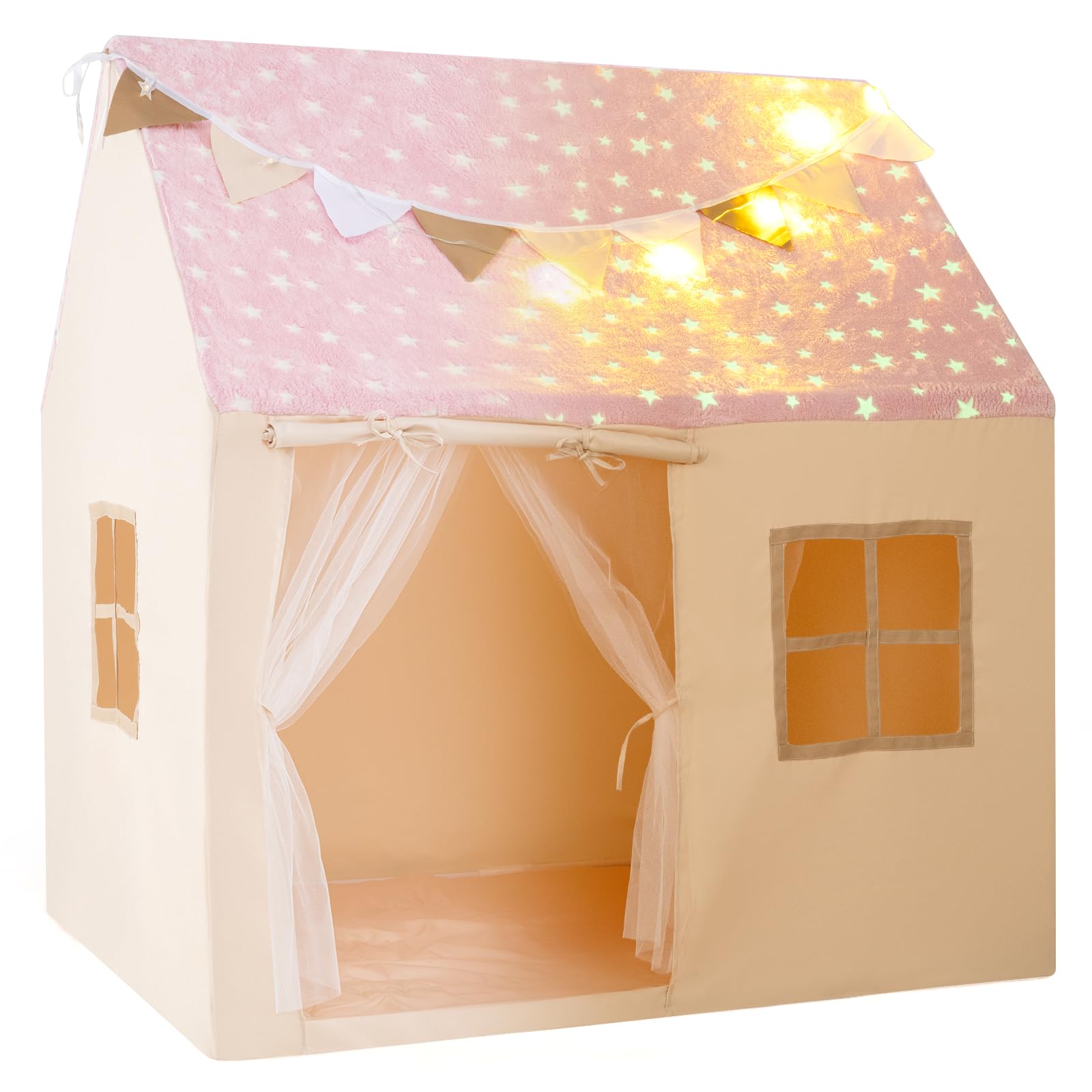 INFANS Kids Play Tent with Glow in The DarkWashable Mat Star Light Windows, Anti-Trip Large Playhouse Toys for Children Boys Gir