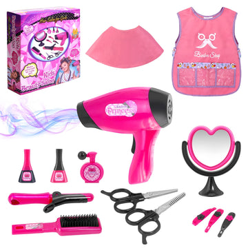 Girls Beauty Salon Set Pretend Play Hair Stylist Toy Kit With Barber Apron, Hair Dryer, Curling Iron, Mirror, Scissors And Styli