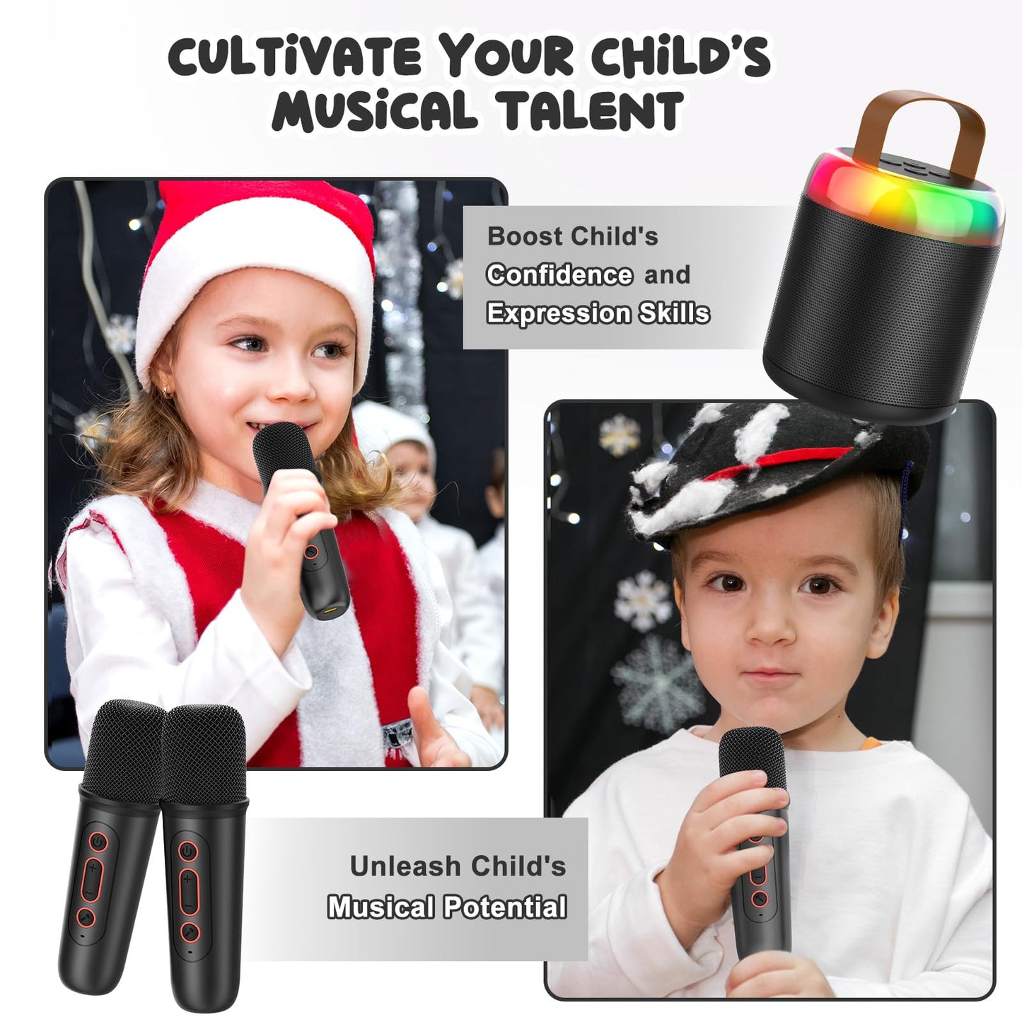 Iyoyo Mini Karaoke Machine For Kids Portable Bluetooth 5.3 Speaker Led Lights With 2 Wireless Microphones Karaoke Toy Gifts For Girls Boys Audlt Birthday Christmas Solid Metal Body (Black)