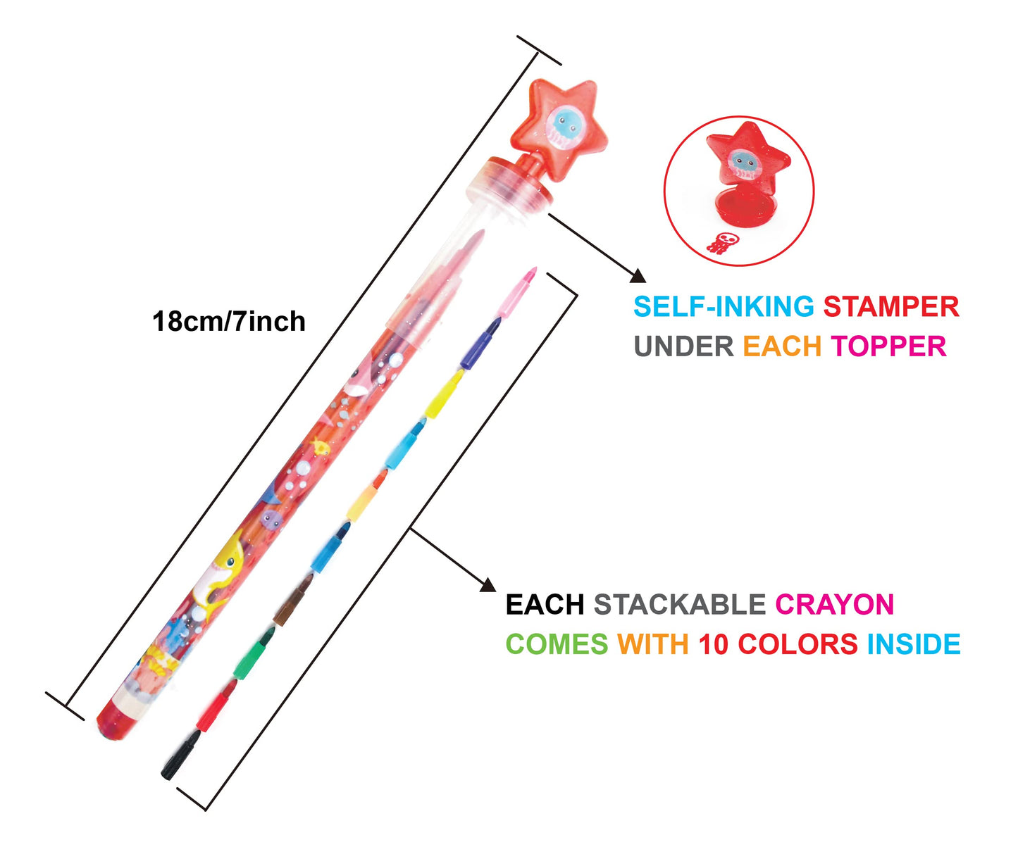 TINYMILLS 24 Pcs Shark Family 2 in 1 Stackable Stacking Crayon with Extra Stamper Topper, Kids Party Favors, Goodie Bag Stuffers