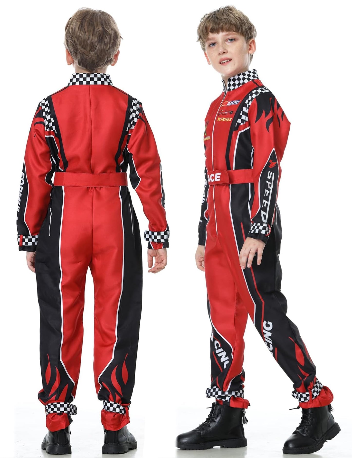 Treyrea Race Car Driver Costume Boys Racer Jumpsuit With Car Cap Kids Dress Up for Halloween (Red and Black  XS(for height 43 -45 ))