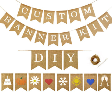 Custom Banner Kit With Holiday Flags, 109 Burlap Flags, Includes 95 White Printed Letters Numbers & Symbols, 14 Holiday Picture
