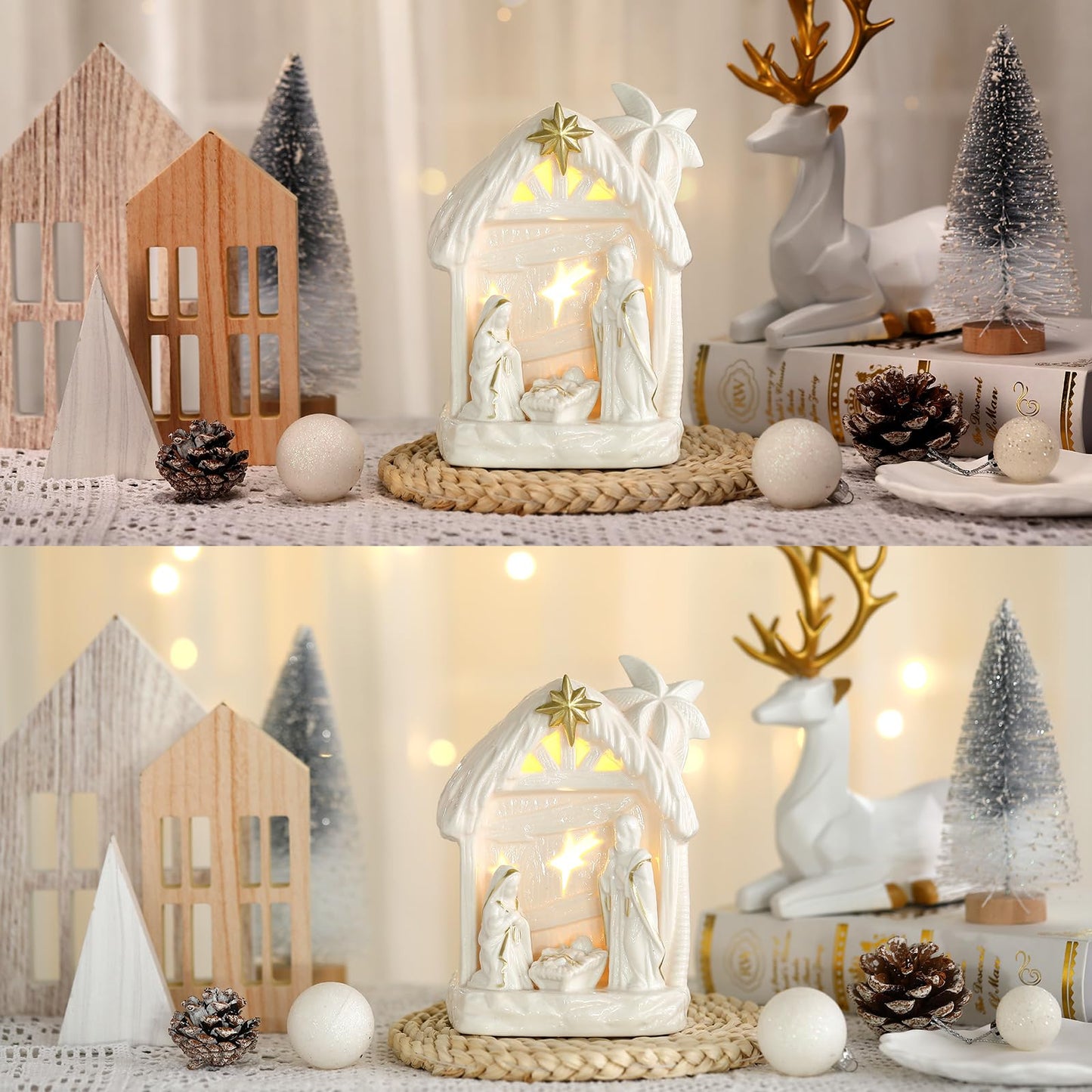 Cindeer Nativity Set for Christmas Indoor,Ceramic Nativity Scene with Light, Porcelain Statue Sculpted Hand Painted Figurine, Ho