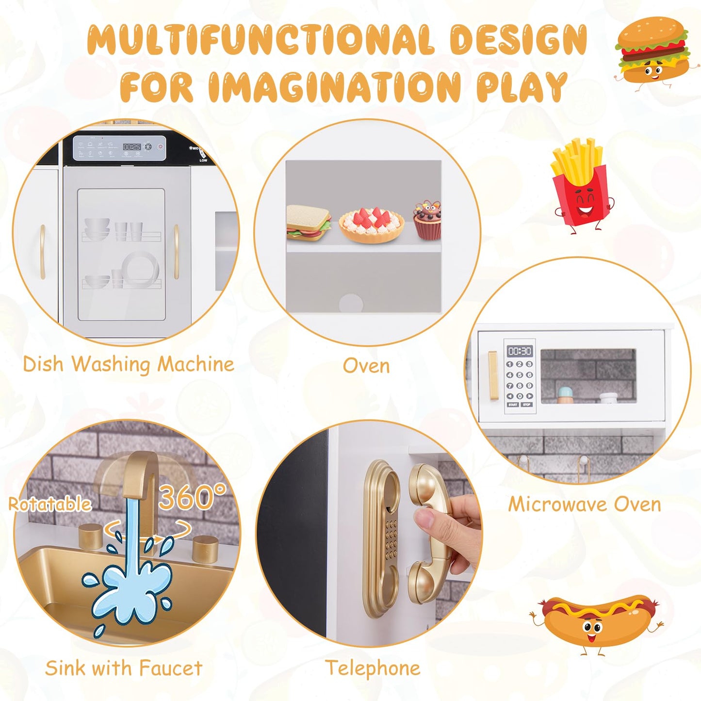 Costzon Play Kitchen For Kids, Wooden Toy Kitchen Set With Stoves, Microwave, Blackboard, Water Dispenser, Telephone, Cooking Ac