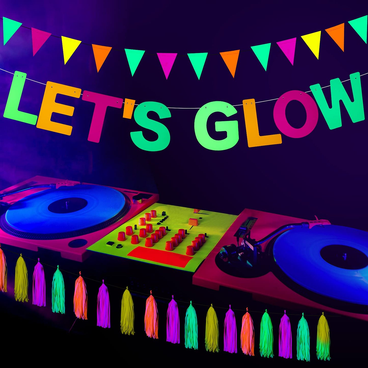 Outus Neon Party Supplies Includes Lets Glow Banner 20 Pieces Neon Paper Tassels and Neon Triangle Flag Glow in The Dark Party