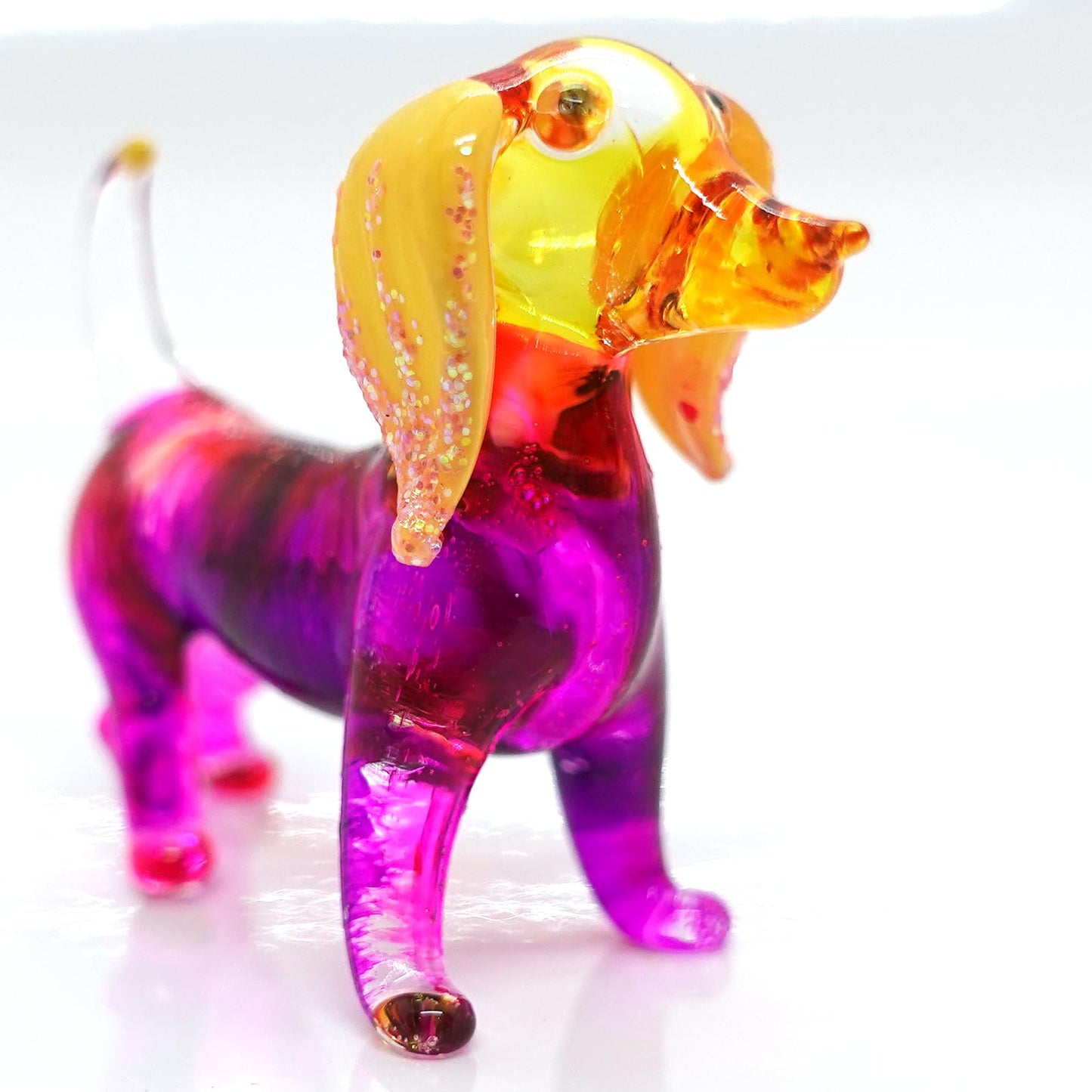 Sansukjai Dachshund Miniature Figurines Dog Animals Hand Blown Glass Art Gold Trim Collectible Gift Decorate (Pink Yellow)