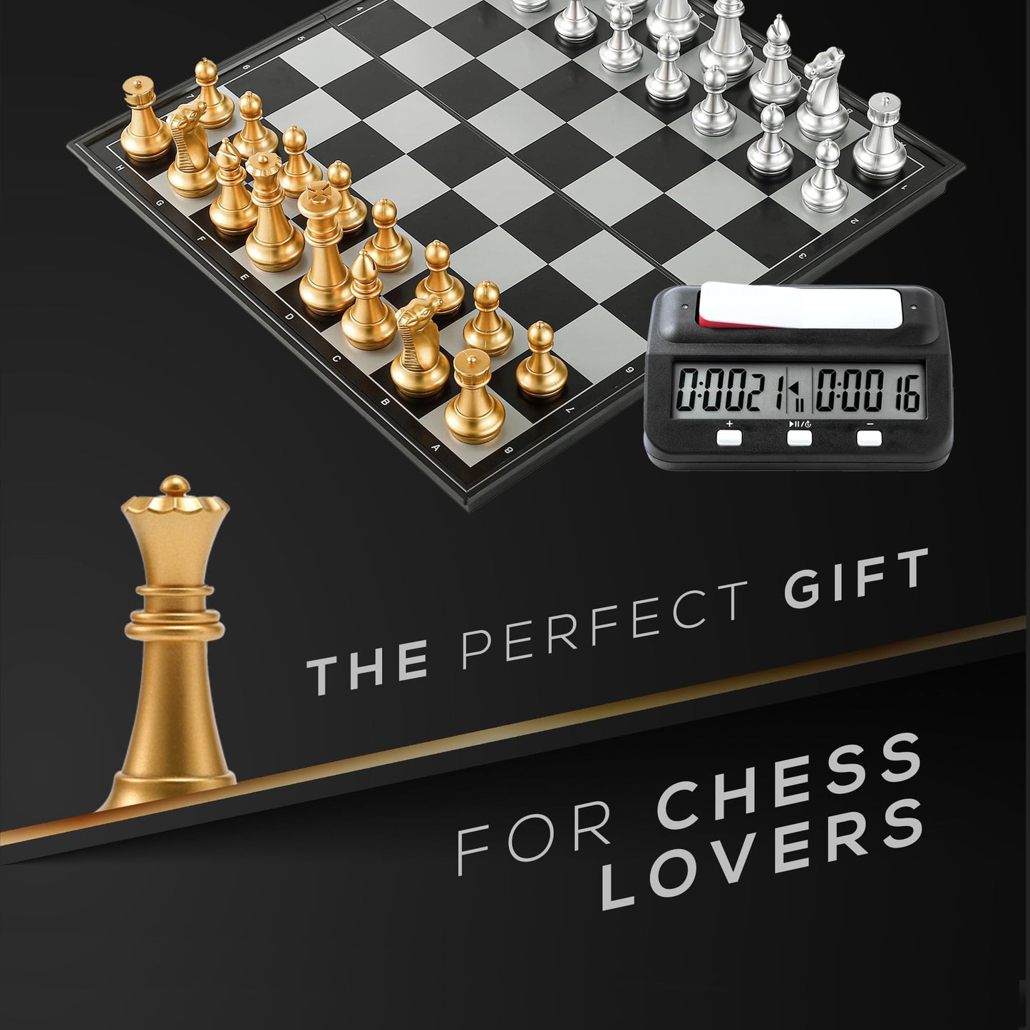 BETTERLINE Magnetic Chess Board Game & Digital Timer Set - 14" x 14", Black, Portable, Model NY6153