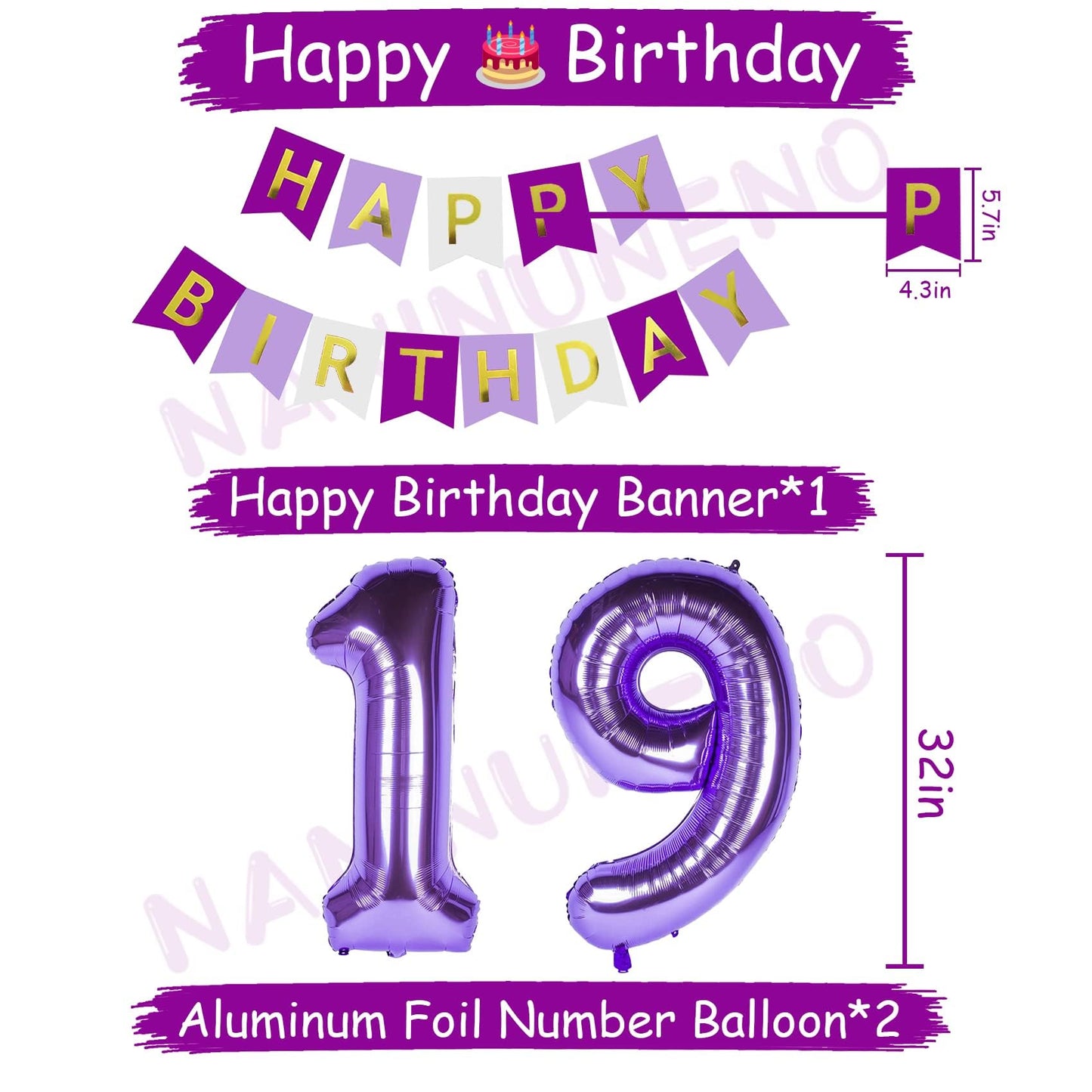 Naninuneno 19Th Birthday Decorations For Girls, Purple 19 Happy Birthday Balloons Supplies Including Purple Happy Birthday Banne