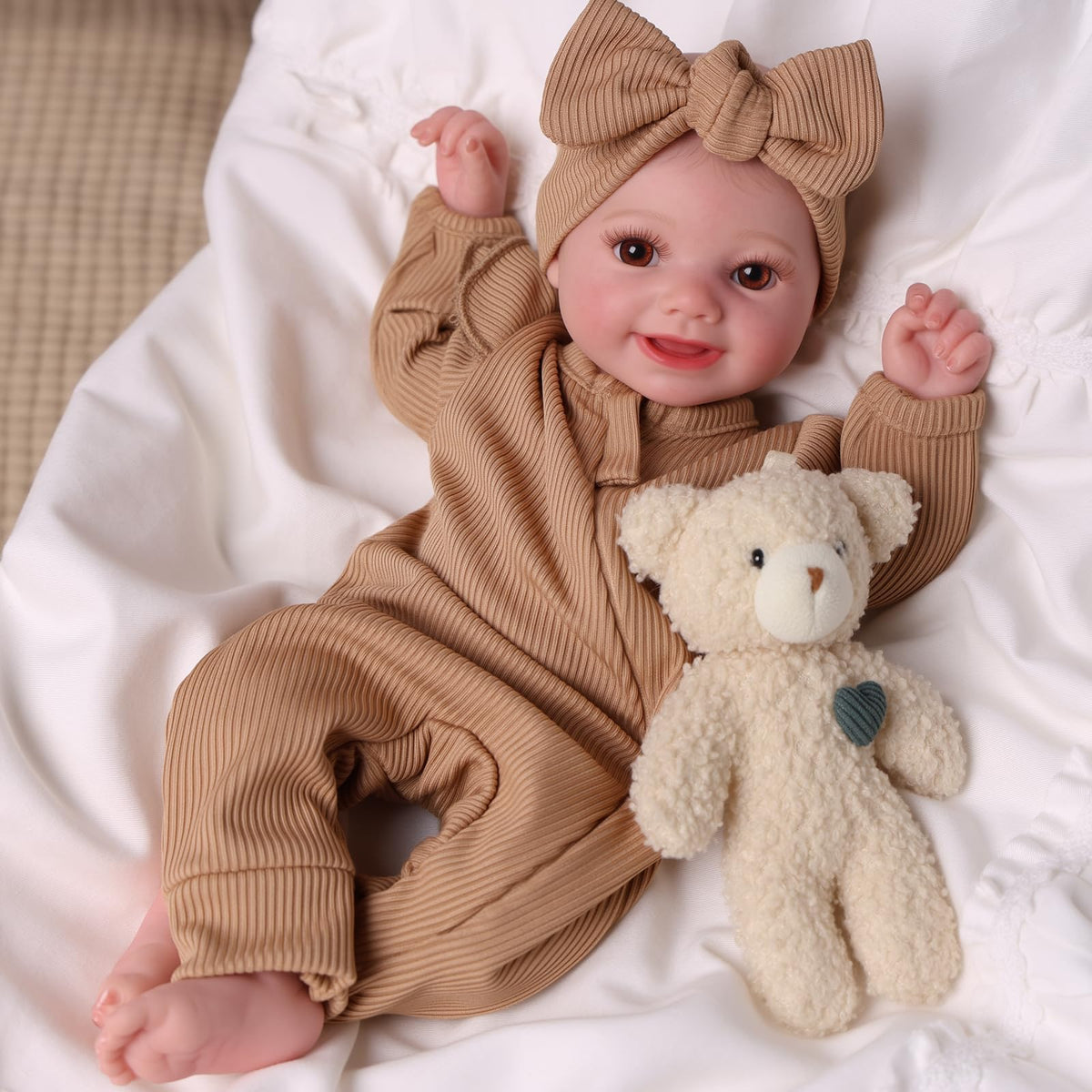 BABESIDE Silicone Baby Doll, 12 Inch Weighted 3 Pounds Girl, Brown Eyes