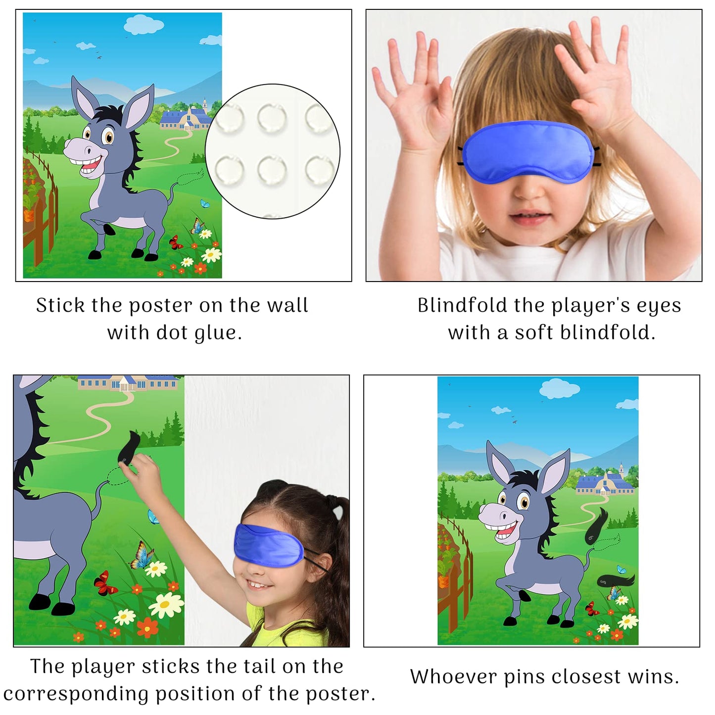 Morcheiong Party Game - Pin The Tail on The Donkey with 48 Colorful Tails - Medium Size Birthday Party Supplies and Farm Decorations