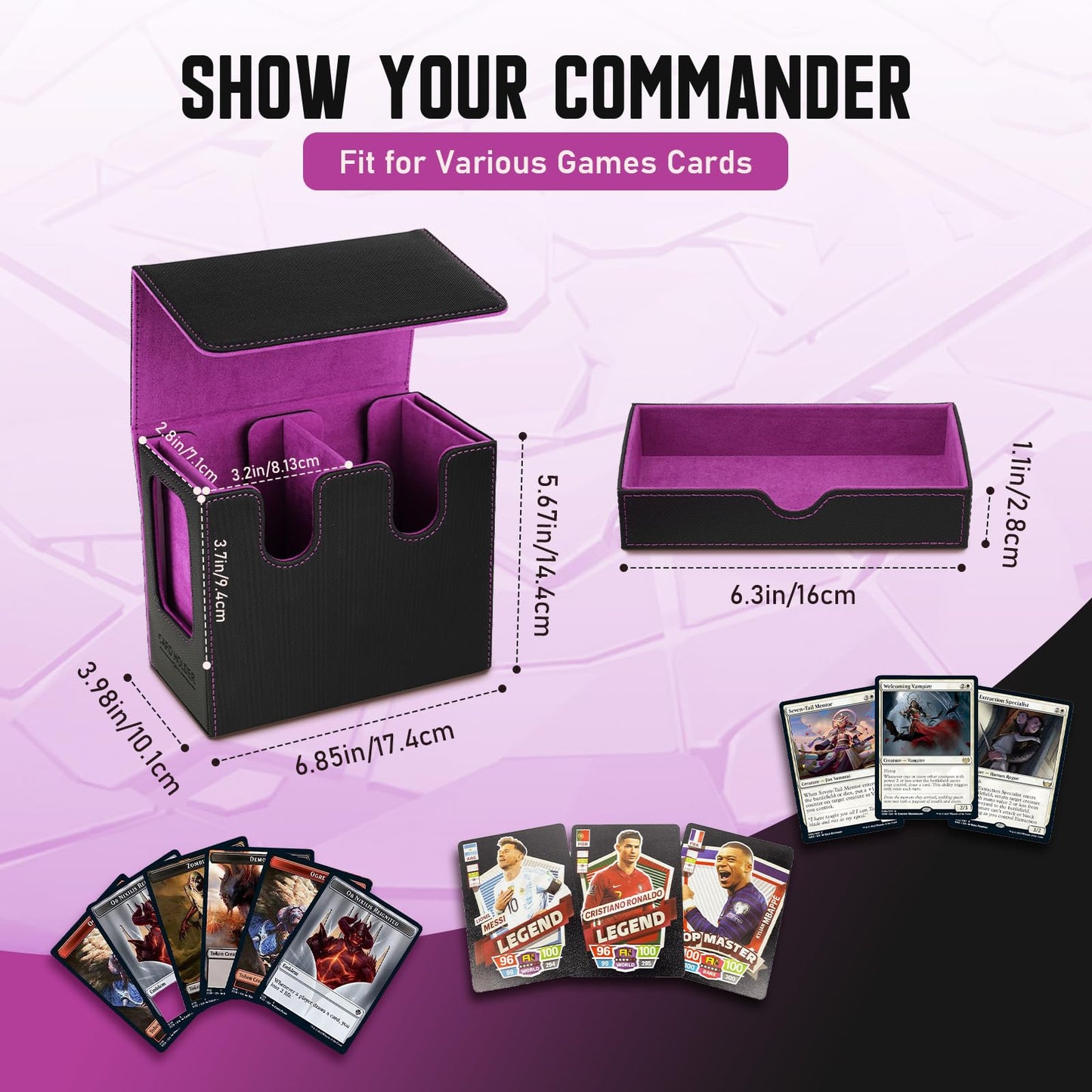 TiMOVO MTG Deck Box  MTG Commander Card Deck Box with Commander Display & Dice Tray Fits 400+ Unsleeved Cards  Leather Magnetic Card Storage Case with 6 Dividers for TCG CCG Magic Cards  Black+Purple
