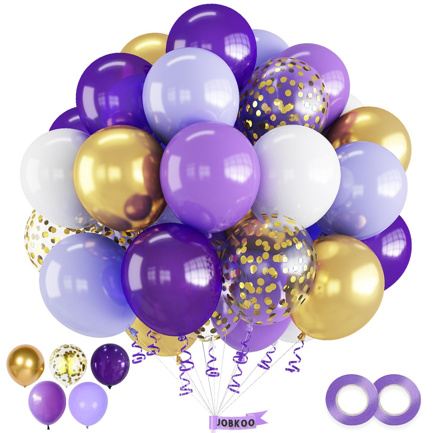 Jobkoo Purple White 60Pcs Balloon Set For Girls Birthday, Princess Themed With Gold Confetti, 12-Inch Latex Balloons For Baby Sh