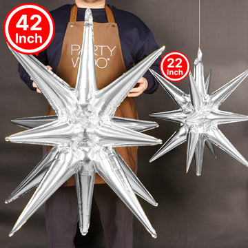 Partywoo Silver Star Balloons, 2 Pcs 42 Inch Large 14-Pointed Starburst Balloons, One-Piece Star Explosion Balloons With Ribbon, Point Star Foil Balloons, Mylar Balloons For Birthday Party Decorations