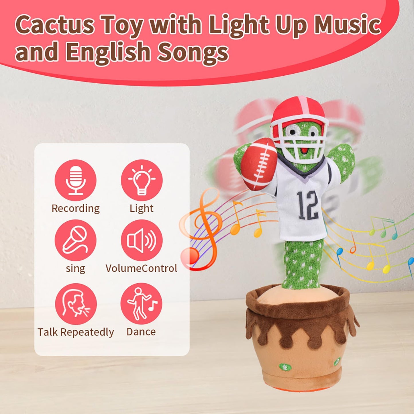 MIAODAM Dancing Football Cactus Toy, Singing, Talking, Record & Repeats What You say with 60 English Songs, Funny Eletronic Baby