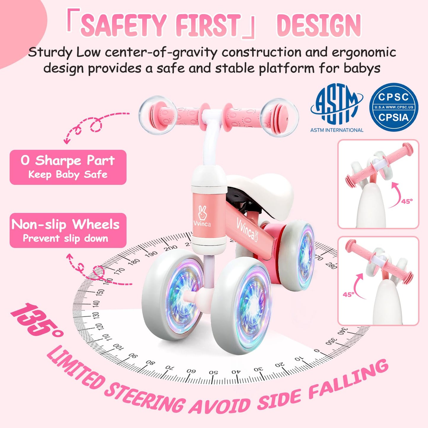 Vvinca Baby Balance Bike For 1 Year Old Girl Gifts, 4 Colorful Lighting Silent Wheels, 10-24 Month Toddler Soft Seat Balance Bik
