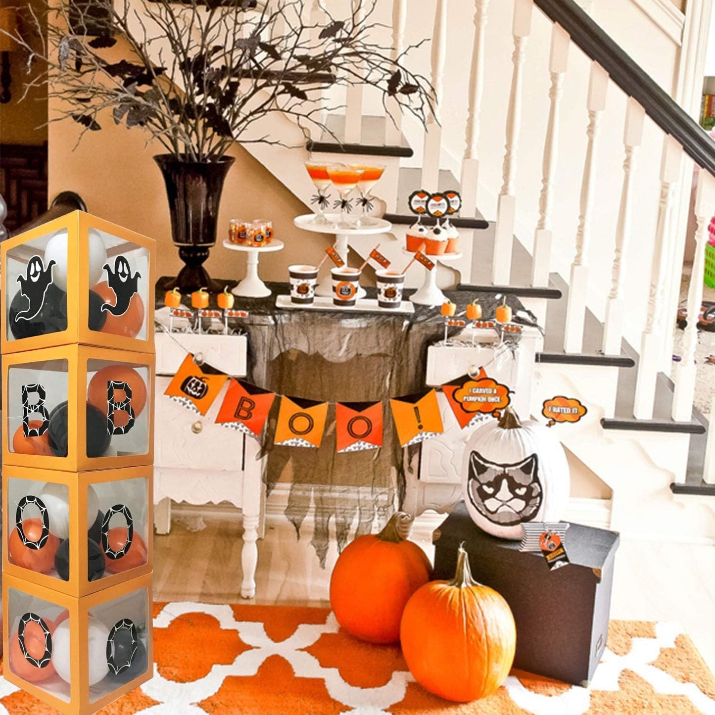 Halloween Balloon Boxes Decorations - Orange Transparent Box For Halloween Baby Shower, Birthday Party Decorations - Includes 4